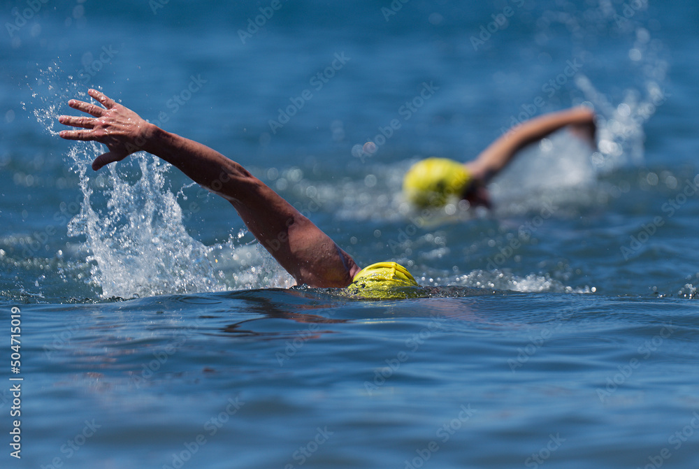 Wall mural Triathlon swimmers churning up the water two swimmers in races in triathlon