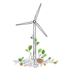 Wind turbine line icon vector illustration isolated on white.Alternative renewable power generation, green energy concept.Wind turbine with tree branches growing from the ground Abstract art 