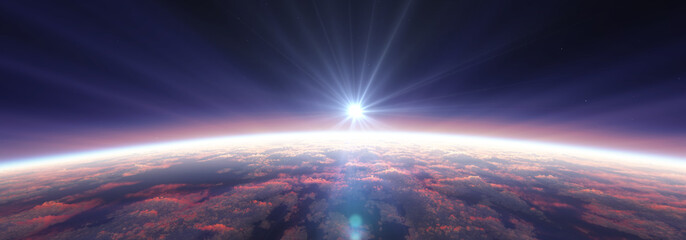 Earth sunrise from space over cloudy ocean. 3d rendering
