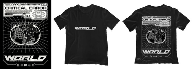 Modern poster with futuristic window and destroyed planet earth . In Techno style, print for streetwear, for t-shirts, hoodies, and sweatshirts. Isolated on black background © BonkiStudio