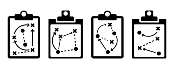 Strategy or tactics on game. Clipboard with drawing plan of game. Tactic from coach. Vector icons set.