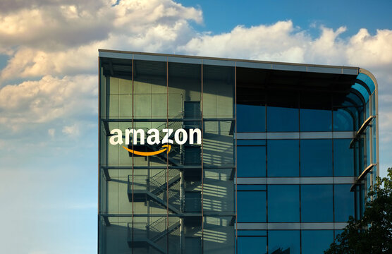 May 15, 2022 Munich, Germany: Amazon logo on their headquarter building