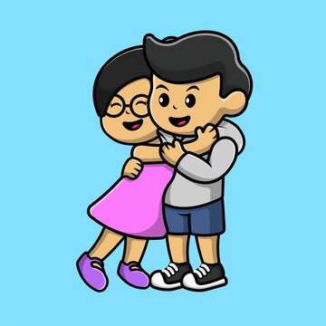 Cute Girl Hug Boy Cartoon Vector Icon Illustration. People Couple Icon Concept Isolated Premium Vector.