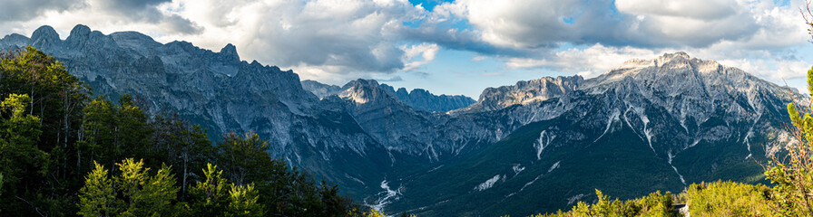 Panoramic view of mountains in Theth valley in Albania