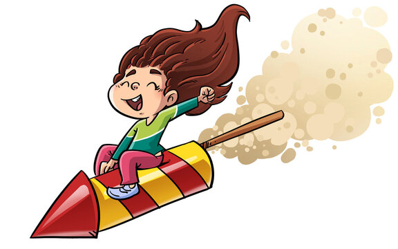 Illustration of a girl above in a firecracker rocket