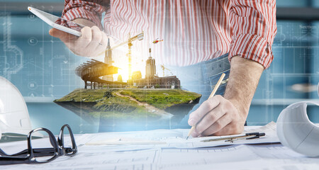 Construction industry concept with drafts and plans . Mixed media