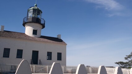 Vintage lighthouse tower, retro light house, old fashioned historic classic white beacon, fresnel...