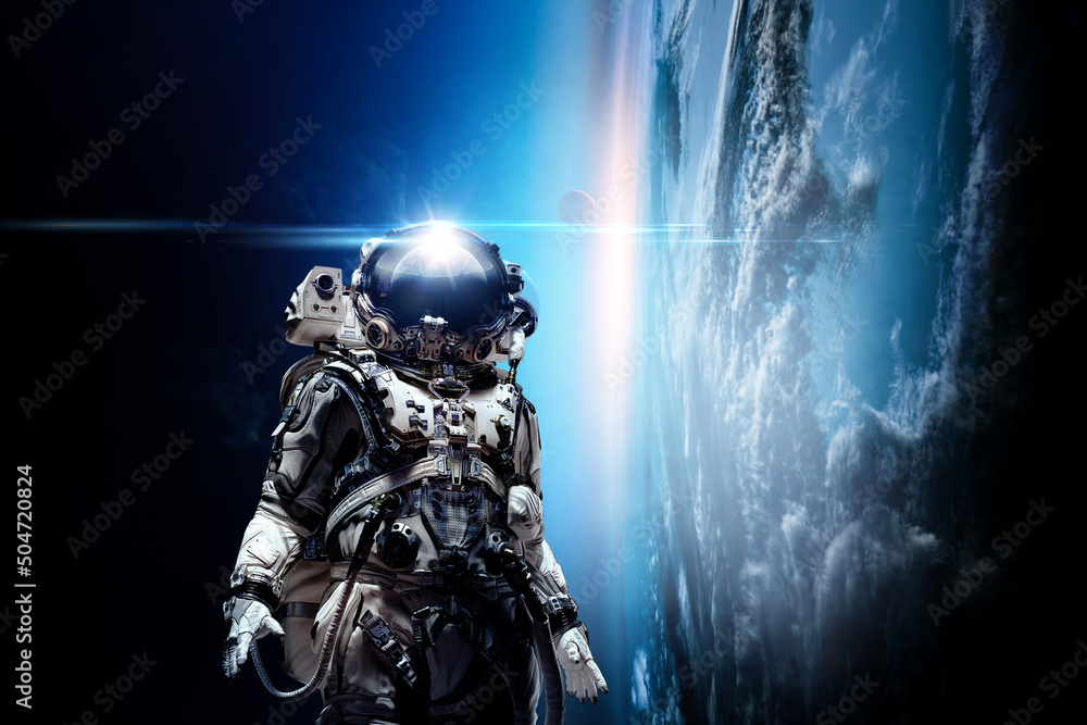 Poster astronaut walking on an unexplored planet
