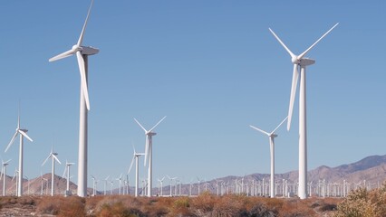 Windmills turbine rotating, wind farm power plant, alternative green renewable energy generators,...