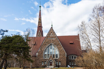 Fototapeta na wymiar Church of St. Mary Magdalene (Fin. Koiviston kirkko) - a former Lutheran church in Primorsk, built by Joseph Stenbeck in the Northern Art Nouveau style.