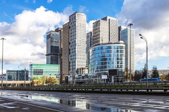 Moscow / Russia: Residential complex Prime Park construction, Aviacity, Palladium, Aeropolis hotel and Mail.ru towers, modern buildings on Leningradsky Avenue at summer day