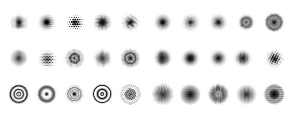 Set of halftone circles. Halftone dots circle gradient. Pop art style. Collection of elements for design. Vector illustration.