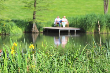Paar, unscharf im Hintergrund, entspannt im Park am See