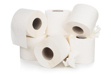 Rolls of white toilet paper folded in two rows on a white isolated background