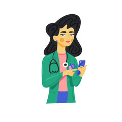 Female doctor on her phone. Vector doctor illustration. Woman physician.