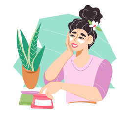 Woman applies face cream. Woman making beauty SPA mask from natural cosmetic ingredients, flat vector illustration isolated on white background.