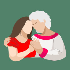 Wishing woman or grandmother hugs a young woman by the shoulders, who can beat her daughter or granddaughter. Love and care. Female friendship