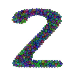 Number 2 made of colorful glass balls, isolated on white, 3d rendering