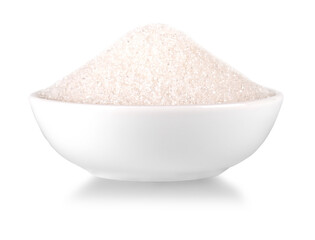 Bowl of white sugar isolated on white background