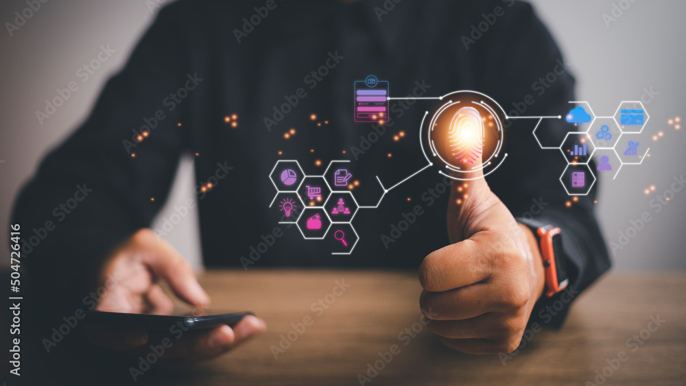 Aufkleber businessman fingerprint scanning and biometric authentication, cybersecurity and fingerprint passwor