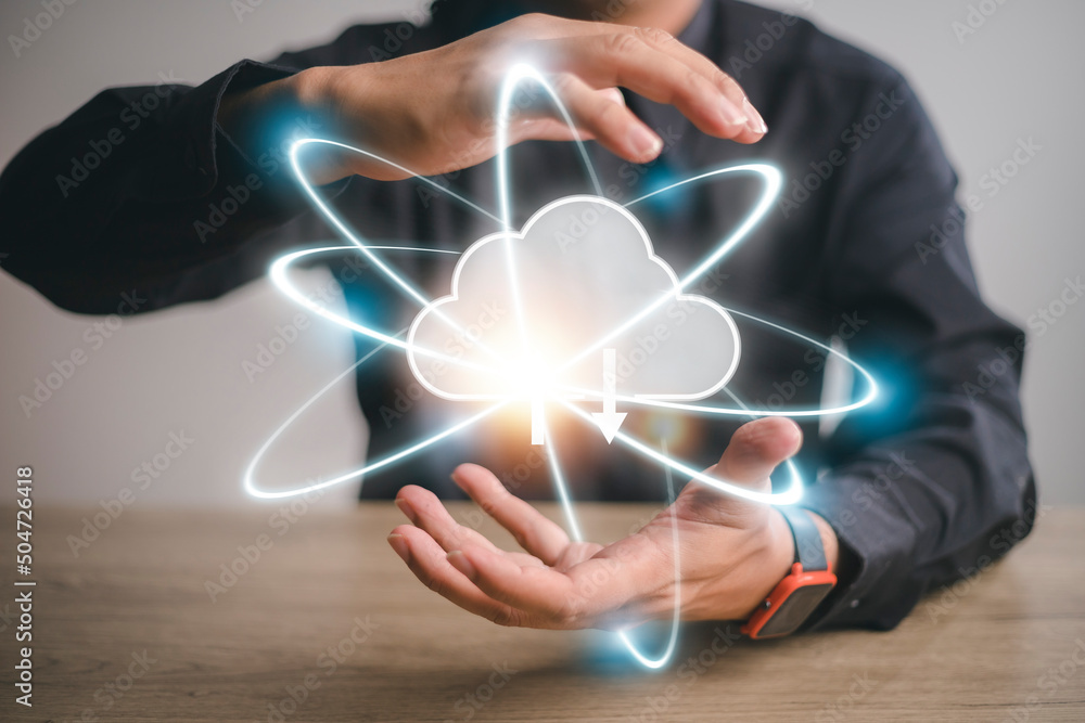 Poster hand holding virtual cloud computing with world and technology item such as upload download. cloud t