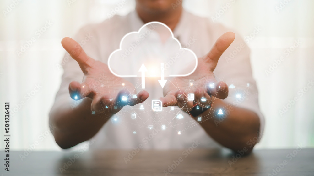 Poster hand holding virtual cloud computing with world and technology item such as upload download. cloud t