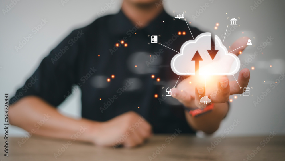 Poster hand holding virtual cloud computing with world and technology item such as upload download. cloud t