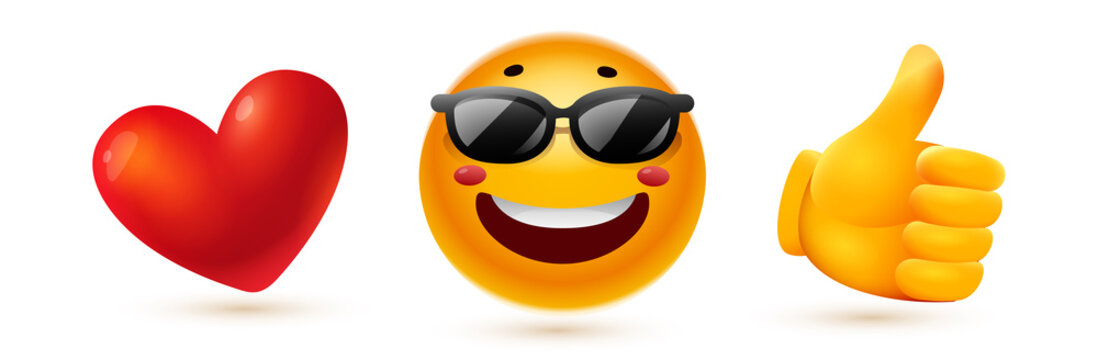 Vector set of illustration of happy yellow color smile emoticon in sunglasses and heart with thumb up on white background. 3d style design of fun laugh emoji