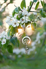 witch wiccan amulet with pentacle on blossoming tree, natural sunny abstract spring background....