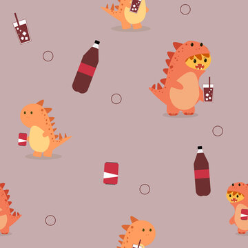 cute dinosaur drinking soft drinks background or fabric pattern for printing
