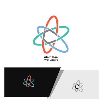 atom logo made of compounding circle and reveal initial C at middle