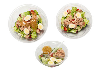 Fresh tuna salad with lettuce, cucombers, cherries and eggs in plastic container.
