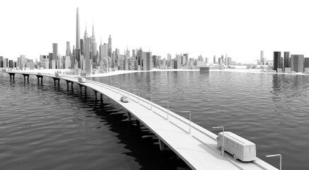 Fototapeta premium Panoramic view of beautiful modern city with skyscrapers, which locates on the lake. Suburb area, lots of motorways leading to the city, bridges, greens and traffic on the roads. 3D rendering 