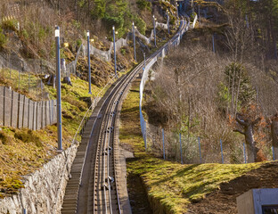 The famous Fløibanen funicular from the city center of bergen to the top of the Fløyen mountain,...