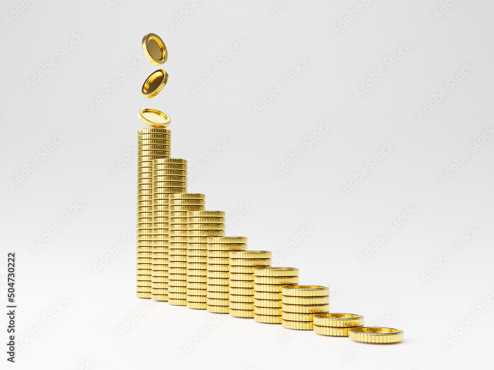 Poster isolation of increasing golden coin stacking and dropping for growth saving and business investment 