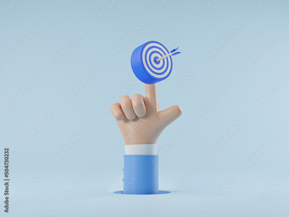 Poster businessman hand touching to dartboard with arrow for setup business target and objective goal conce