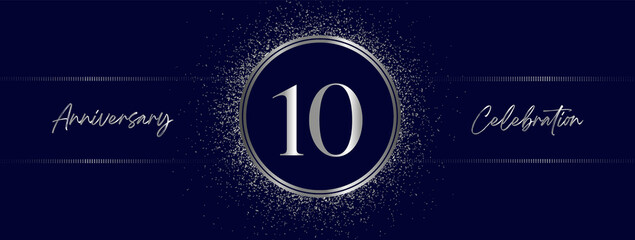 10 years anniversary celebration with silver color isolated on midnight blue background. Vector design for greeting card, birthday party, wedding, event party, and invitation card. 