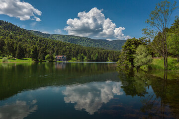 Lake and beautiful house in green forest.The Golcuk National Park, Bolu, Turkey