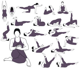 Collection of vector contours of woman in costume doing yoga and fitness exercises. Silhouettes of slim girl in different fitness poses. Yoga icons for healthy life concept.