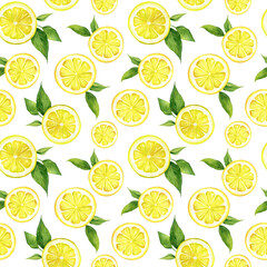 Watercolor lemon seamless pattern on white background. Slice of tropical fruit with green leaf. Hand painted botanical illustration. Yellow home decor.