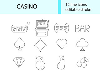Casino outline icons collection. Lottery and slot machine signs set. Poker cards. Isolated vector stock illustration