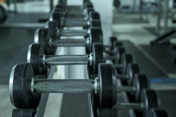 Fototapeta na wymiar Rows of dumbbells in the gym.