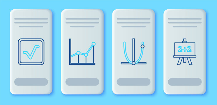 Set line Graph, schedule, chart, diagram, Square root and Chalkboard icon. Vector