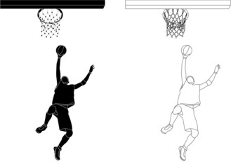 Obraz premium Sketch outline black and white silhouette of an athlete basketball player in a ball game. Basketball. Ring throw.