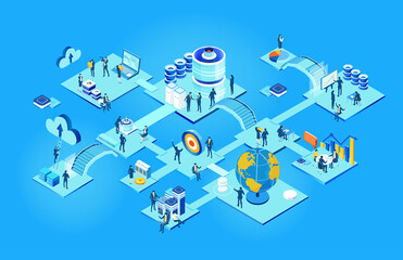  Isometric working environment, infographic illustration. Business people working together. Negotiating  deal, making strategic decisions, data protection, server room, help and support. 