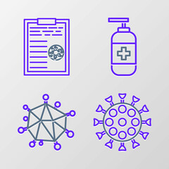 Set line Virus, Bottle of liquid antibacterial soap and Clipboard with blood test results icon. Vector