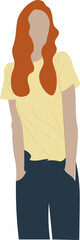 red-haired girl in a yellow t-shirt and jeans, 