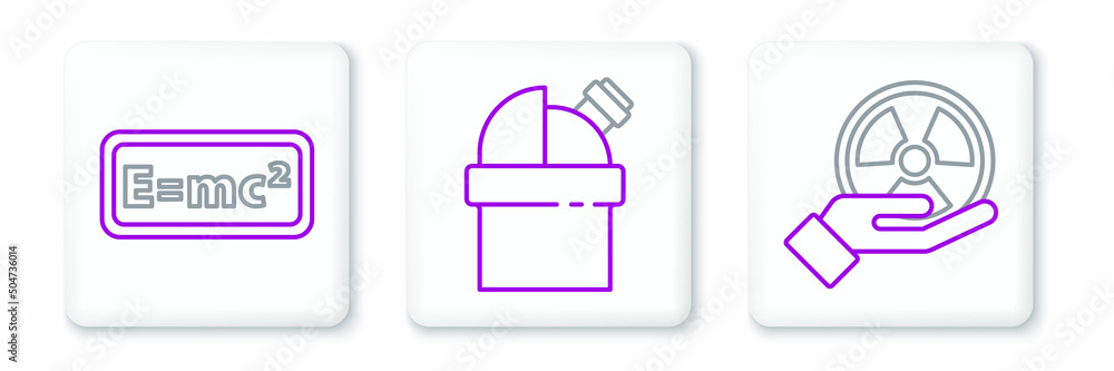 Poster set line radioactive, equation solution and astronomical observatory icon. vector