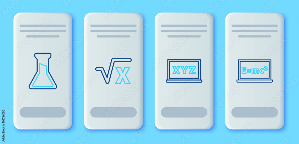 Poster set line square root of x glyph, xyz coordinate system, test tube and flask and equation solution ic