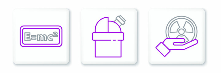Set line Radioactive, Equation solution and Astronomical observatory icon. Vector